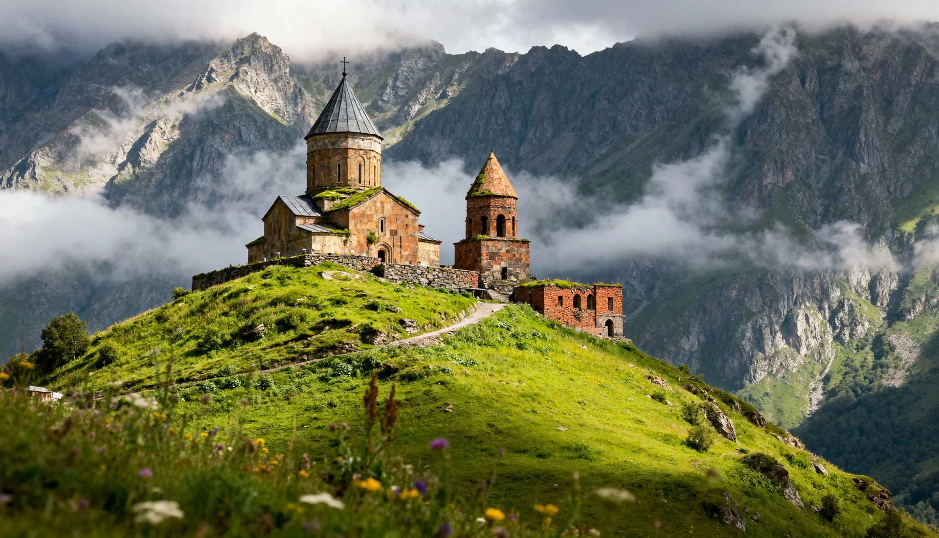 Nature & Escape — Mountain monastery and green ridges